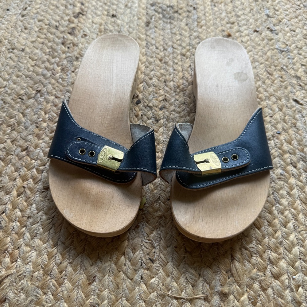 Dr. Scholl's Vintage Exercise Sandals Navy Blue Leather Wood Slides Size 7